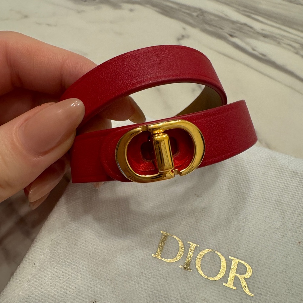 Dior Red Leather Bracelet with Gold Buckle